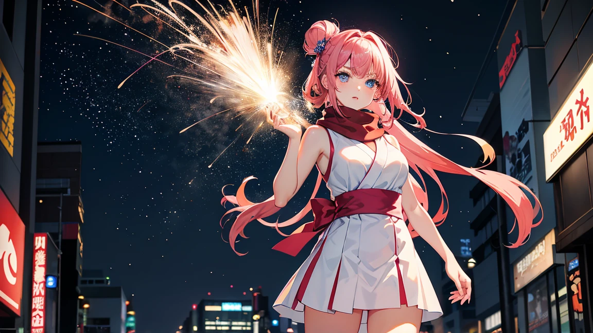 Anime girl aged 25+, Japanese style, her beautiful face. Sparkling blue eyes Beautiful long dark pink hair Wearing sneakers and a sleeveless shirt. Big breasts. Snow falling. while standing in the middle of the city A crowded street, wearing a scarf, pretty fingers, pink lips, a sky full of stars at night. Sharp images at Full HD 8K level, sharp details, beautiful images.