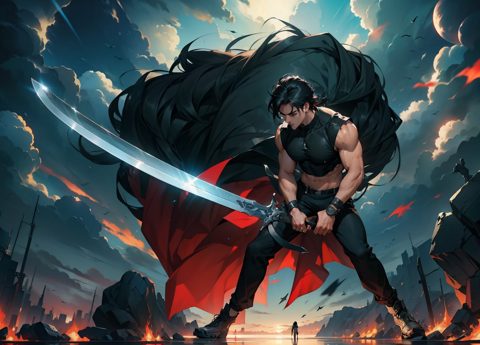 1boy, 26 Years old, Serious face, black long hair, muscular, black sleeveless shirts, ((black long pants)), holding giant sword, blue sky, cloud, red atmosphere 