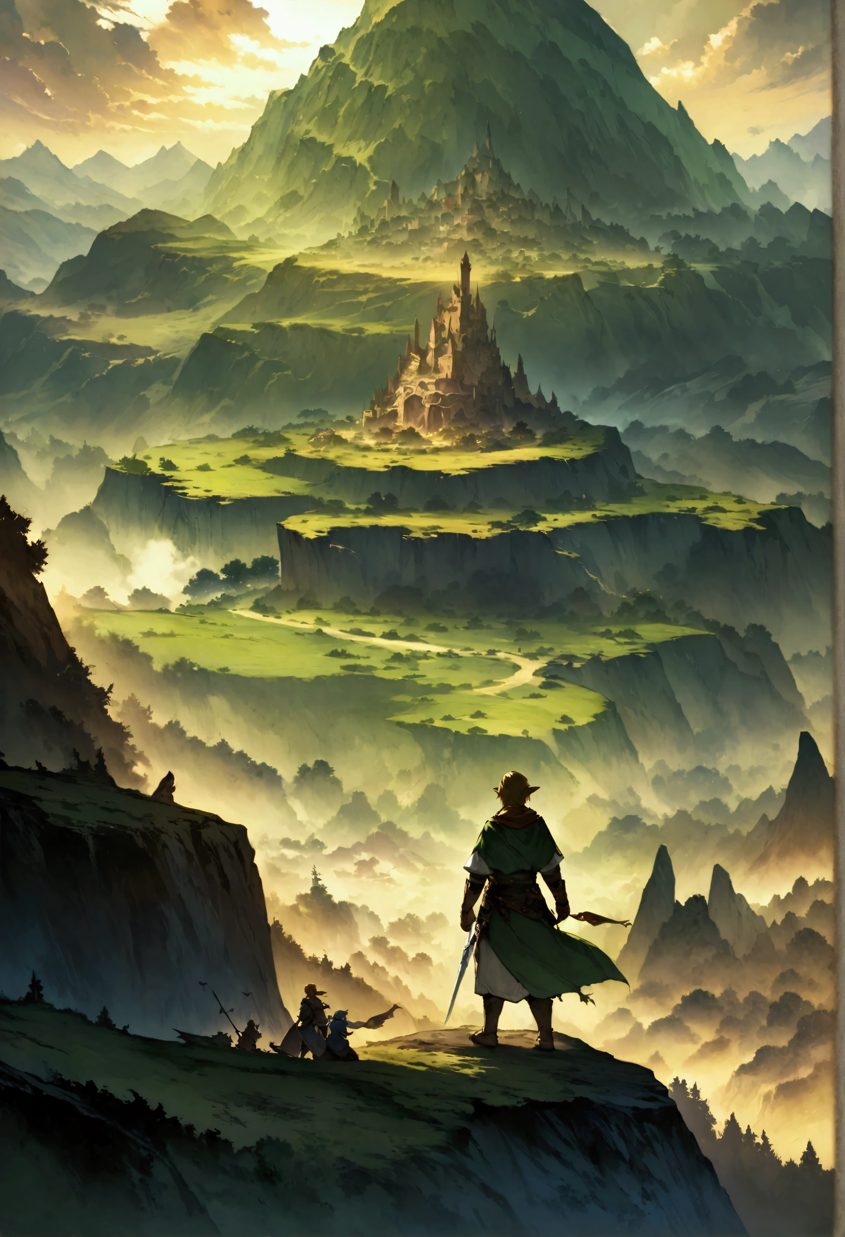 A painting,A boy standing on a hill looking out over the valley, Zelda, Game cover art, Epic full-color illustrations, Fantasy RPG book illustrations, official art works