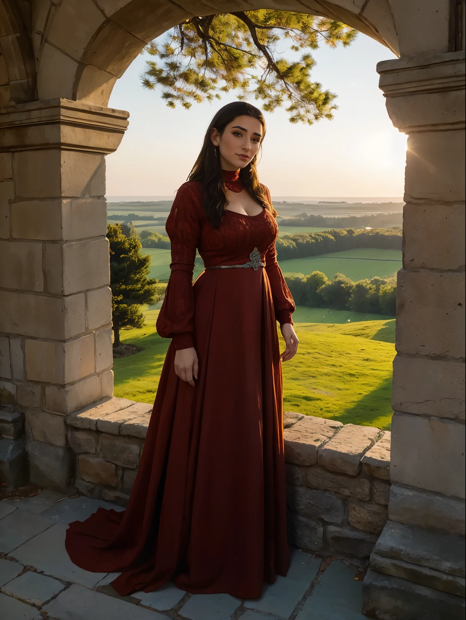 Gorgeous and sultry busty athletic (thin) brunette queen with sharp facial features wearing a modest updo, dark red medieval dress, long sleeves, intricate patterns, scrollwork, wide neck, crown, veil, long dress, modest dress, tight bodice, (silver waist chain), medieval jewelry, Middle Ages, castle, rampart, wall, exterior, on top of a castle wall, trees, countryside, evening, sunset.