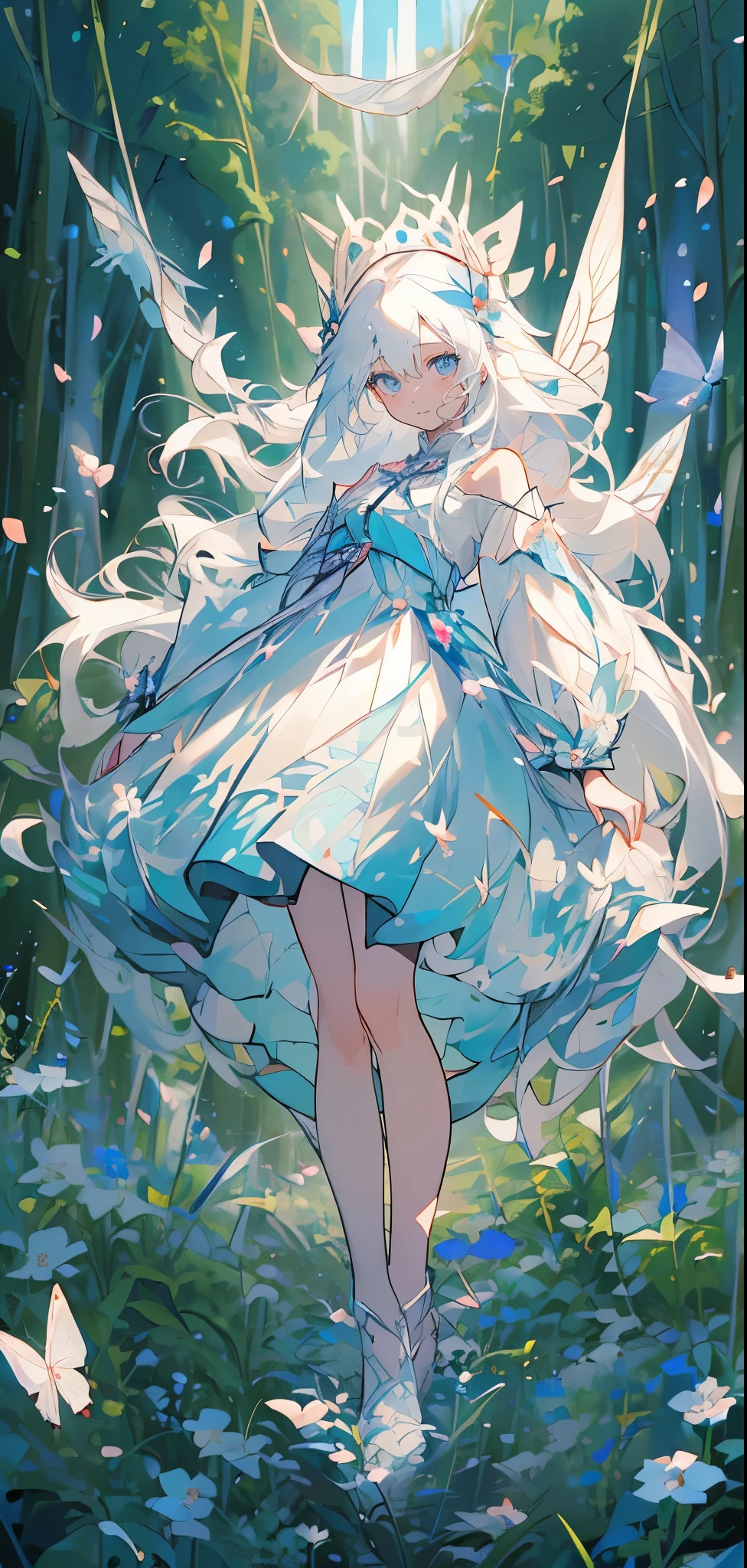 (Mastepiece), (Best Quality), Very detailed, 1 girl, (Solo full body shot:1.4), Perfect Face, beautiful girl, Very detailedな顔,(Long white hair:1.5),(blue eyes:1.4),(Lots of butterflies々:1.2)、(forest、Flower Field:1.4)、(Lots of petals:1.3)、(gem:1.3)、(smile:1.3)、Fairy、
