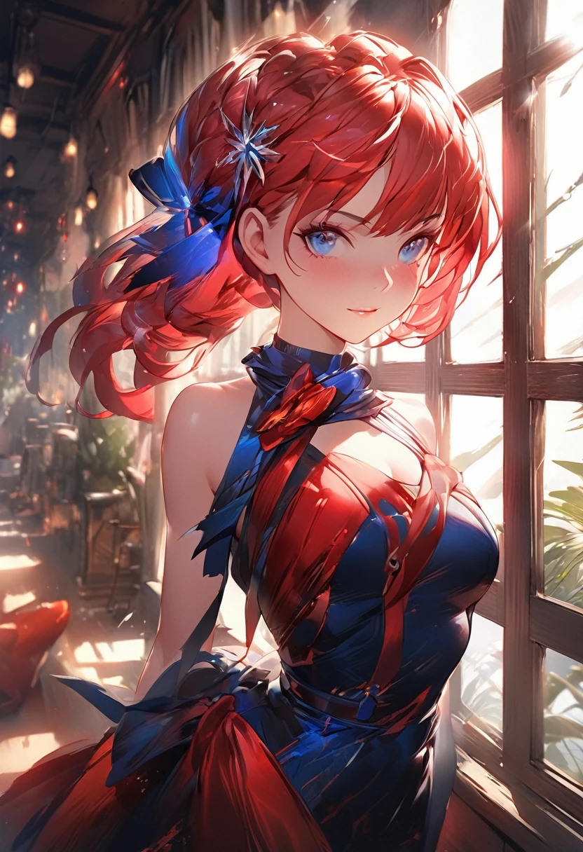 Arafed image of a girl dressed in red and blue looking out of a window., Wojtek FUS, ross tran 8k, societycg 8 k, society cg 8k, society cg 8k, 3d realistic anime style., Artgerm and Atey Ghailan, Ilia Kuvshinov. 4k, cinematographic cg society, inspired by cg society