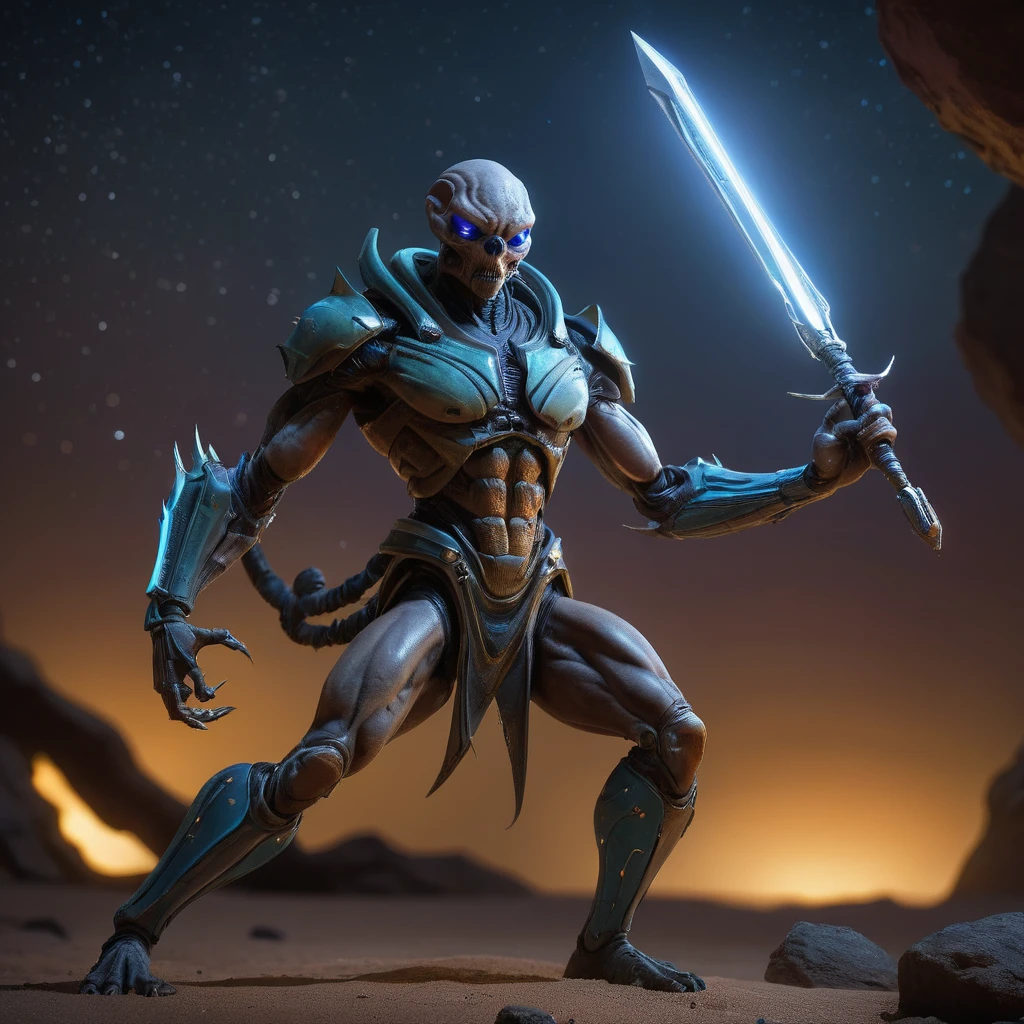 half shot,hdr, high details, 8k,hyperrealistic,dynamic pose,night,amazing background,interplanetary warrior,heroic,mutatedscorpion ,holding an energy blade for combat challenges,raytracing