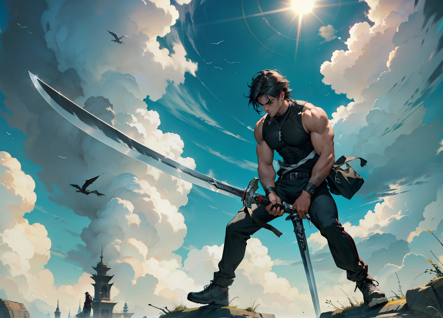 1boy, 26 Years old, Serious face, black long hair, muscular, black sleeveless shirts, ((black long pants)), holding giant sword, blue sky, cloud, red atmosphere 