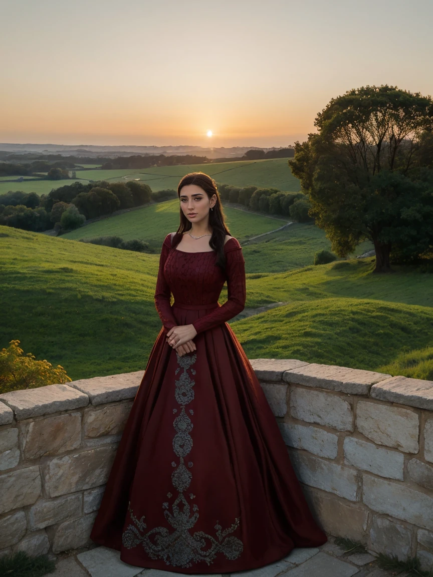 Gorgeous and sultry busty athletic (thin) brunette queen with sharp facial features wearing a modest updo, dark red medieval dress, long sleeves, intricate patterns, scrollwork, wide neck, crown, veil, long dress, modest dress, tight bodice, (silver waist chain), medieval jewelry, Middle Ages, castle, rampart, wall, exterior, on top of a castle wall, trees, countryside, evening, sunset.