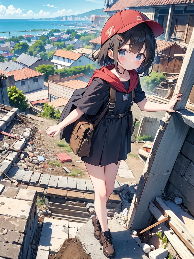 Traveling Girl、Cape、young girl, hat, Ruck sack,Many supply factories and depots、Peaceful summer scene、Traces of an ancient civilisation、People who live there々Appearance、
supply、Runaway drone、Collapsed rubble、A person dressed in late Kii clothing々、Anime image quality,