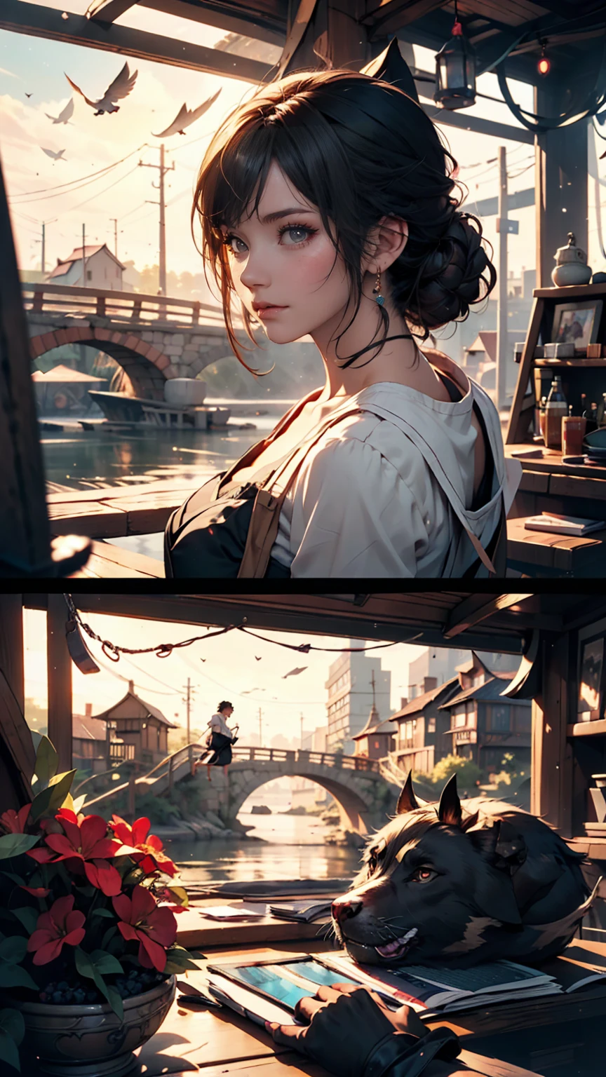 A bridge connecting the world, grow, close, detailed, Sharp focus, elegant, 非常にdetailedな, figure, Complex, beautiful, Trending Art Station, Pixiv, Digital Art, by Jordan Grimmer and greg rutkowski, Wow, Studio Ghibli,Kiki&#39;s Delivery Service、Kiki、Black dress、barefoot、Riding a magic broom、fly in the sky