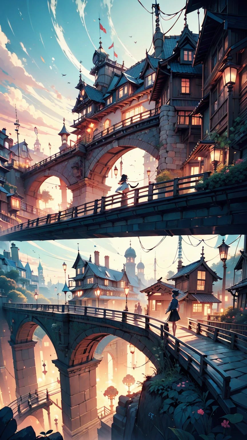 A bridge connecting the world, grow, close, detailed, Sharp focus, elegant, 非常にdetailedな, figure, Complex, beautiful, Trending Art Station, Pixiv, Digital Art, by Jordan Grimmer and greg rutkowski, Wow, Studio Ghibli,Kiki&#39;s Delivery Service、Kiki、Black dress、barefoot、Riding a magic broom、fly in the sky