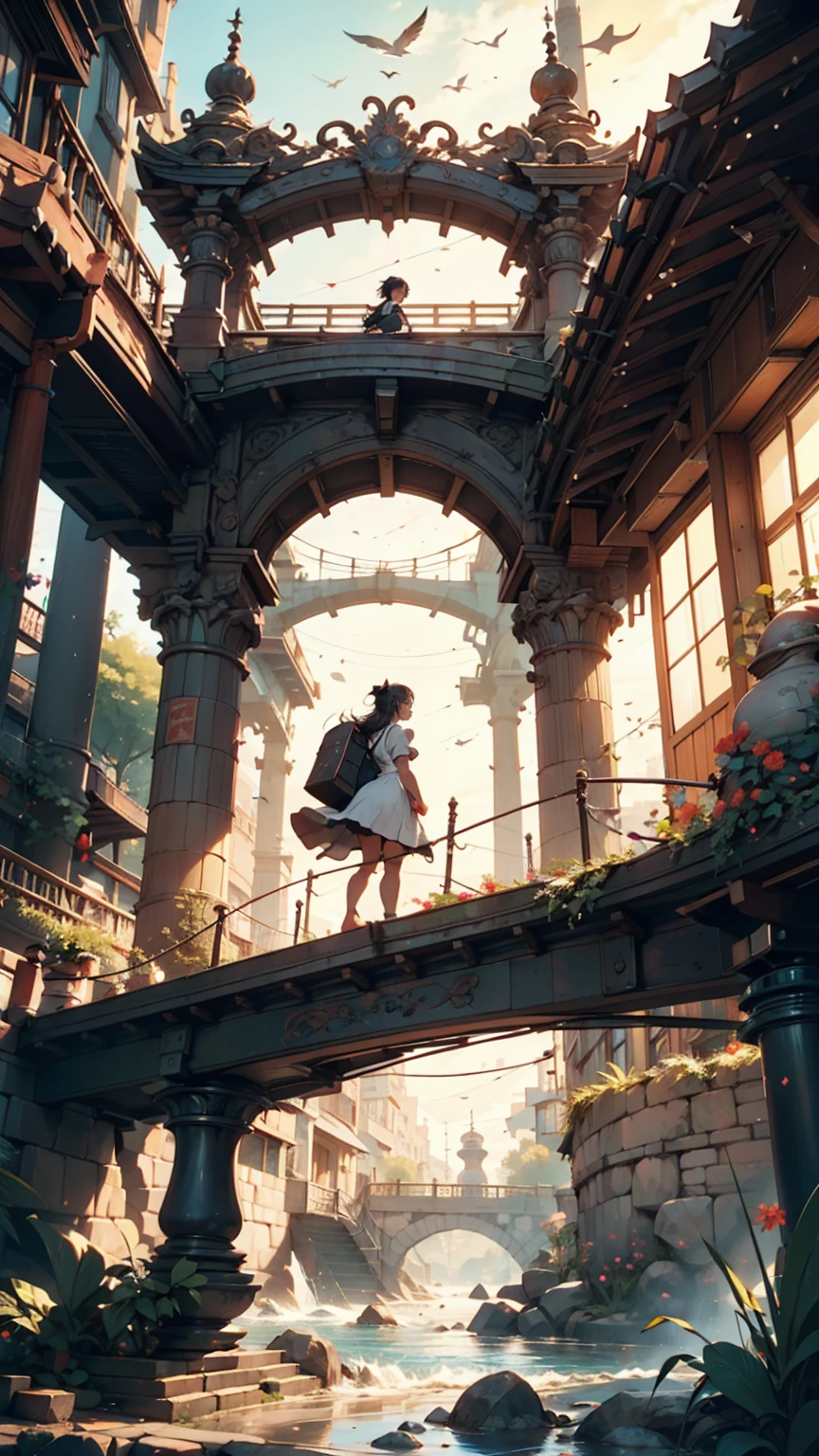 A bridge connecting the world, grow, close, detailed, Sharp focus, elegant, 非常にdetailedな, figure, Complex, beautiful, Trending Art Station, Pixiv, Digital Art, by Jordan Grimmer and greg rutkowski, Wow, Studio Ghibli,Kiki's Delivery Service、Kiki、Black dress、barefoot、Riding a magic broom、fly in the sky