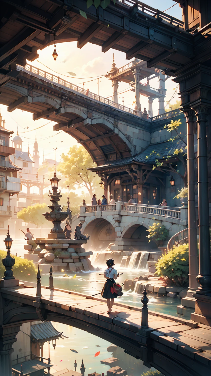 A bridge connecting the world, grow, close, detailed, Sharp focus, elegant, 非常にdetailedな, figure, Complex, beautiful, Trending Art Station, Pixiv, Digital Art, by Jordan Grimmer and greg rutkowski, Wow, Studio Ghibli,Kiki's Delivery Service、Kiki、Black dress、barefoot、Riding a magic broom、fly in the sky