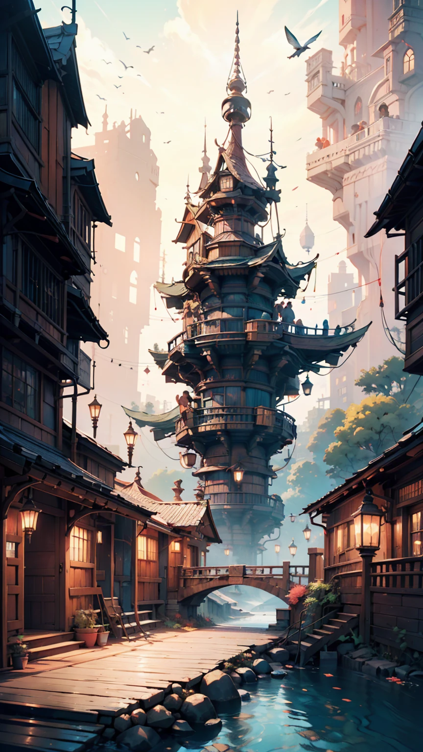 A bridge connecting the world, grow, close, detailed, Sharp focus, elegant, 非常にdetailedな, figure, Complex, beautiful, Trending Art Station, Pixiv, Digital Art, by Jordan Grimmer and greg rutkowski, Wow, Studio Ghibli,Kiki's Delivery Service、Kiki、Black dress、barefoot、Riding a magic broom、fly in the sky