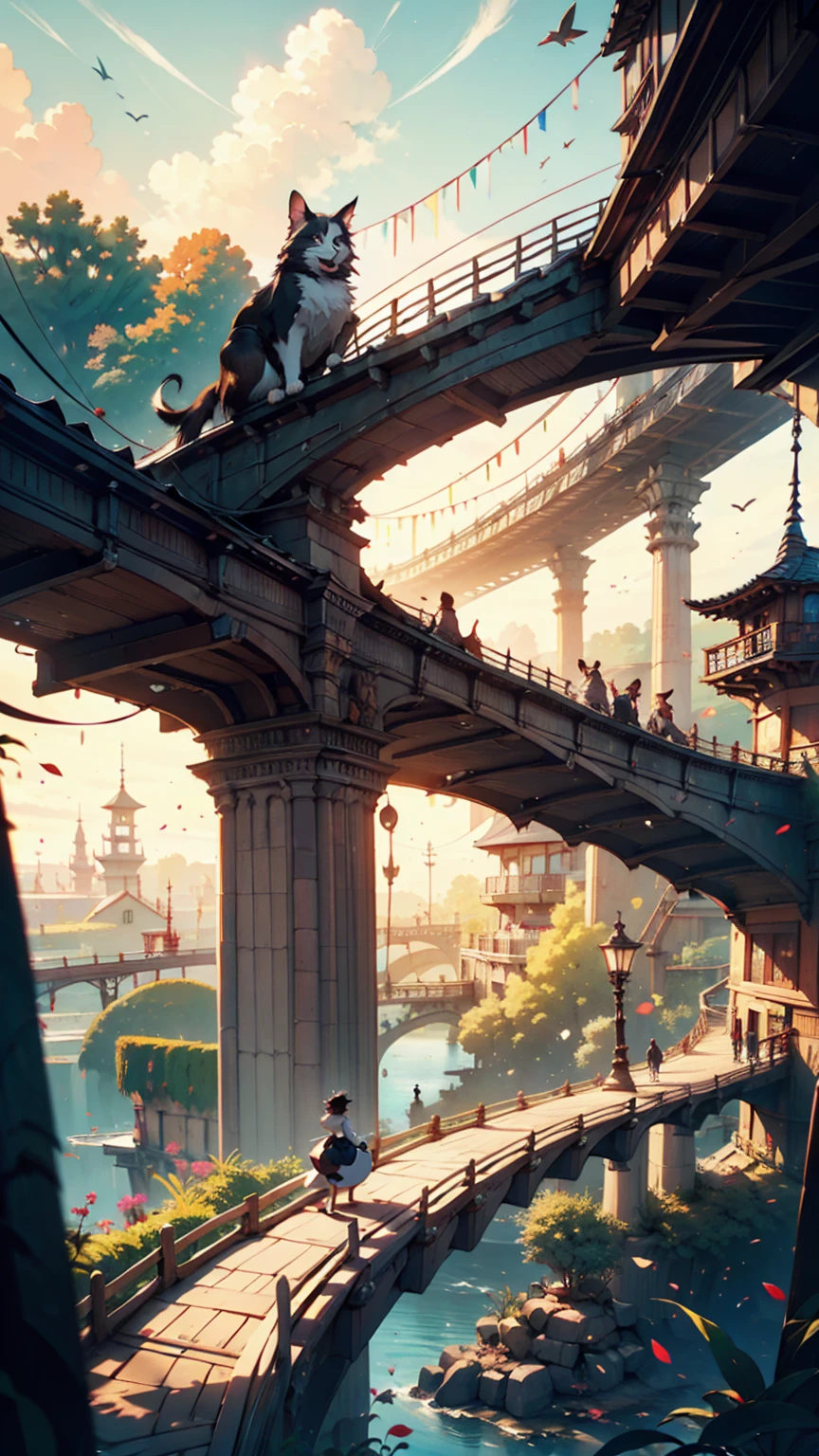 A bridge connecting the world, grow, close, detailed, Sharp focus, elegant, 非常にdetailedな, figure, Complex, beautiful, Trending Art Station, Pixiv, Digital Art, by Jordan Grimmer and greg rutkowski, Wow, Studio Ghibli,Kiki's Delivery Service、Kiki、Black dress、barefoot、Riding a magic broom、fly in the sky