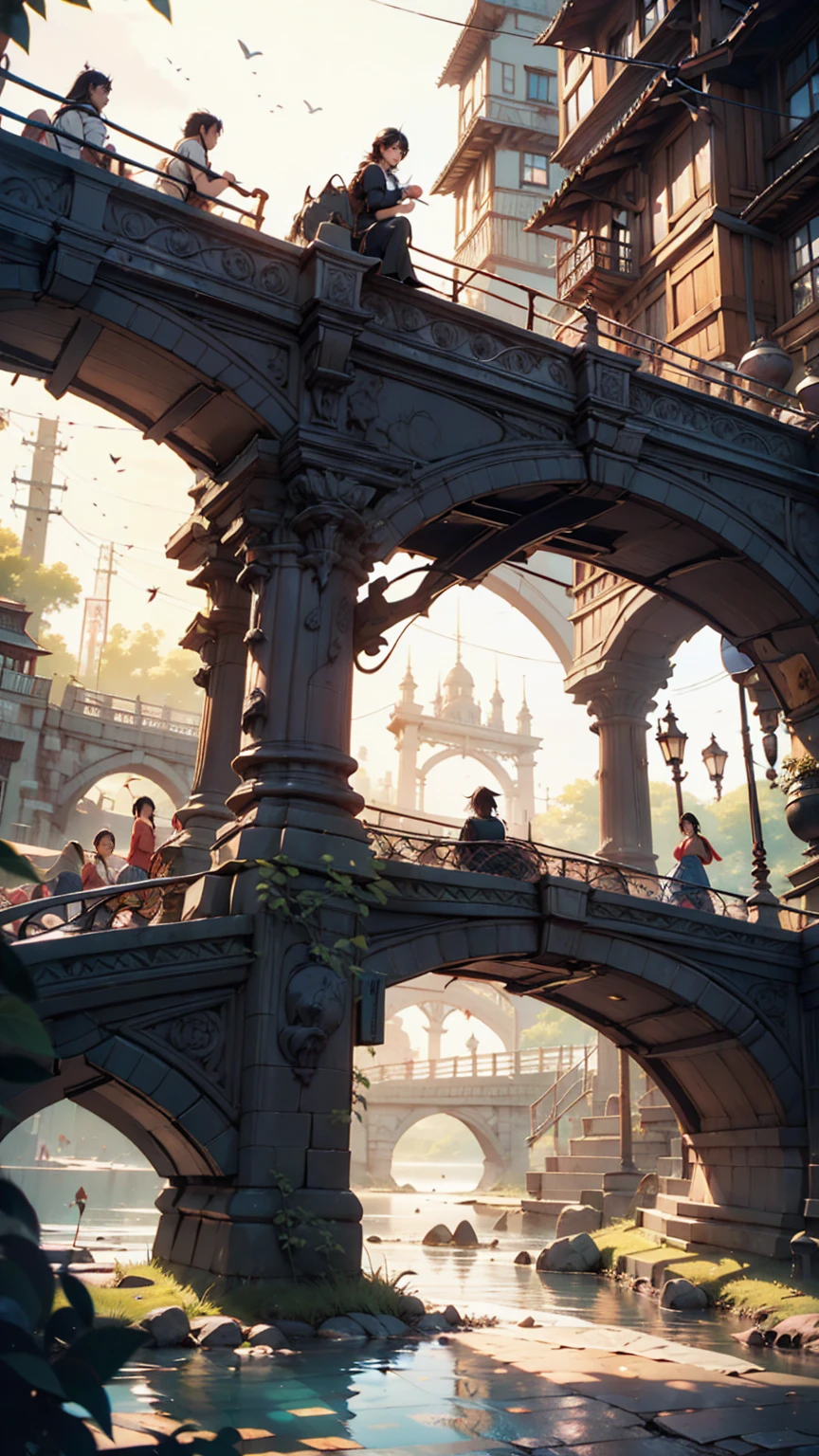 A bridge connecting the world, grow, close, detailed, Sharp focus, elegant, 非常にdetailedな, figure, Complex, beautiful, Trending Art Station, Pixiv, Digital Art, by Jordan Grimmer and greg rutkowski, Wow, Studio Ghibli,Kiki's Delivery Service、Kiki、Black dress、barefoot、Riding a magic broom、fly in the sky
