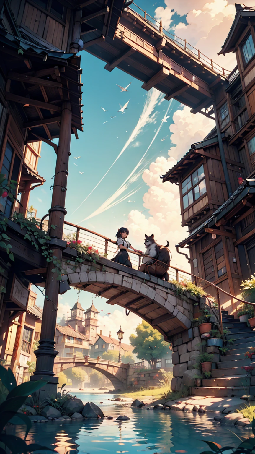 A bridge connecting the world, grow, close, detailed, Sharp focus, elegant, 非常にdetailedな, figure, Complex, beautiful, Trending Art Station, Pixiv, Digital Art, by Jordan Grimmer and greg rutkowski, Wow, Studio Ghibli,Kiki's Delivery Service、Kiki、Black dress、barefoot、Riding a magic broom、fly in the sky