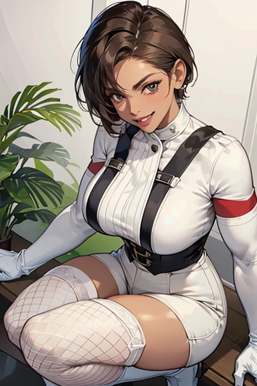 A muscular mature woman with short brown hair and dark skin, wearing a white enamel tube top, white enamel shorts, white enamel gloves, white enamel knee-high boots, and black fishnet stockings, smiling gently.