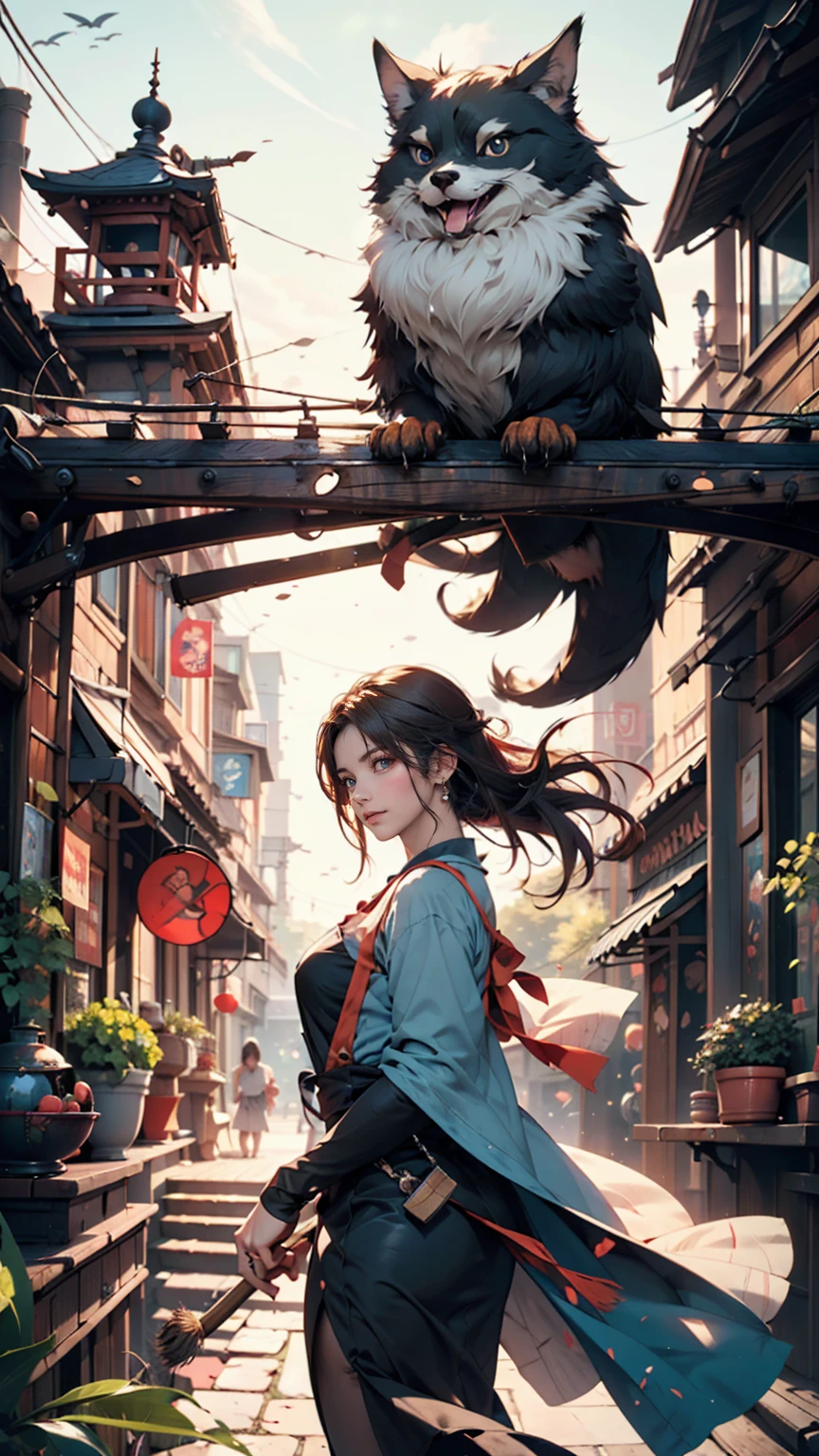A bridge connecting the world, grow, close, detailed, Sharp focus, elegant, 非常にdetailedな, figure, Complex, beautiful, Trending Art Station, Pixiv, Digital Art, by Jordan Grimmer and greg rutkowski, Wow, Studio Ghibli,Kiki's Delivery Service、Kiki、Black dress、barefoot、Riding a magic broom、fly in the sky