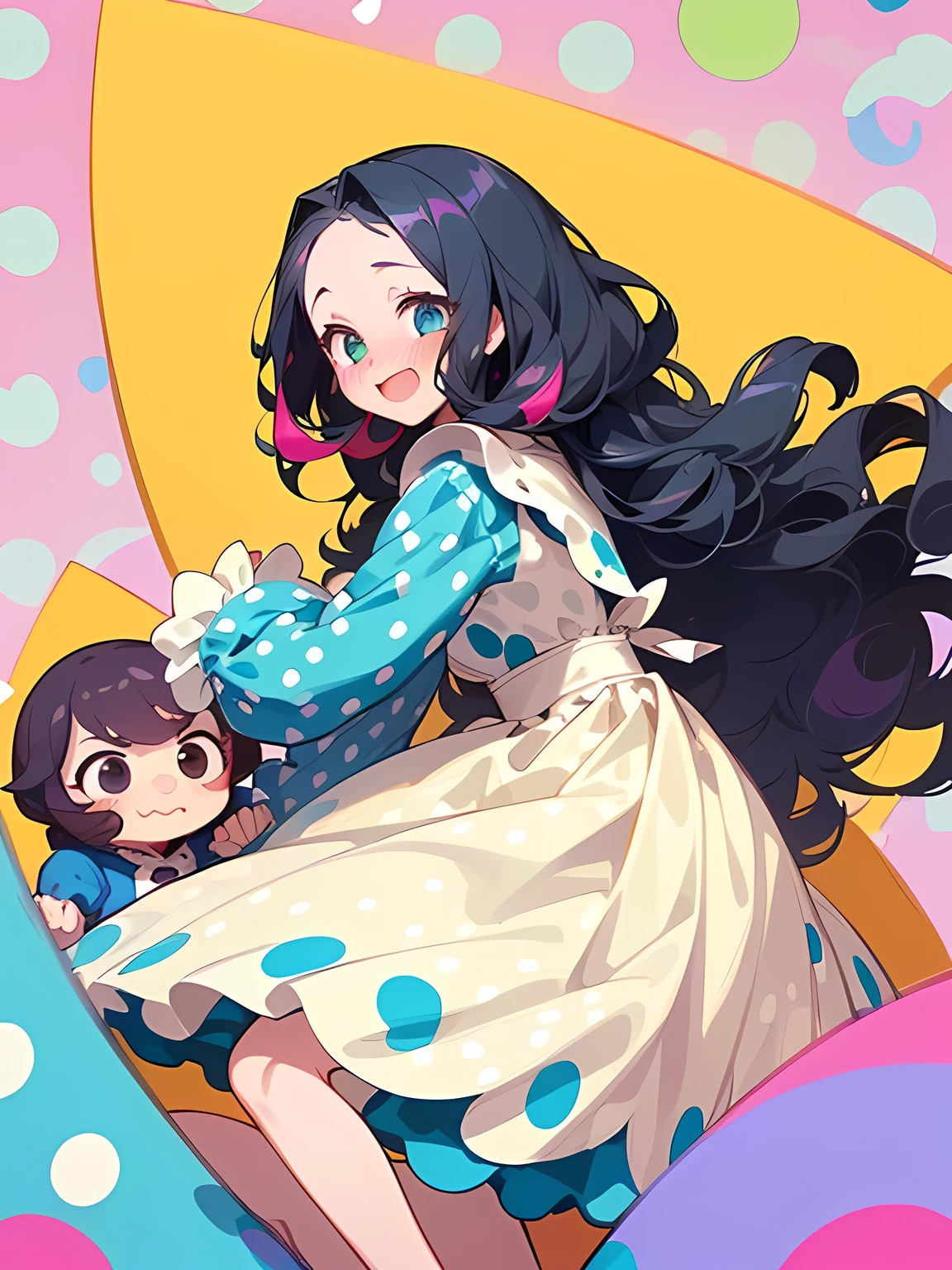 (Alice in Wonderland:1.3),(straight purple wavy hair),big forehead,(A vibrant and lively background:1.2),(Pop and cute black polka dot pattern:1.45)),((You are the main character!:1.2)),((Beautiful images:1.15)),((high quality:1.15)),((Perfect graphics:1.15)),(((girl、Lady:1.2))),Big smile,(blush、Embarrassed laugh:1.25),(white、pink、cream、black、yellow)