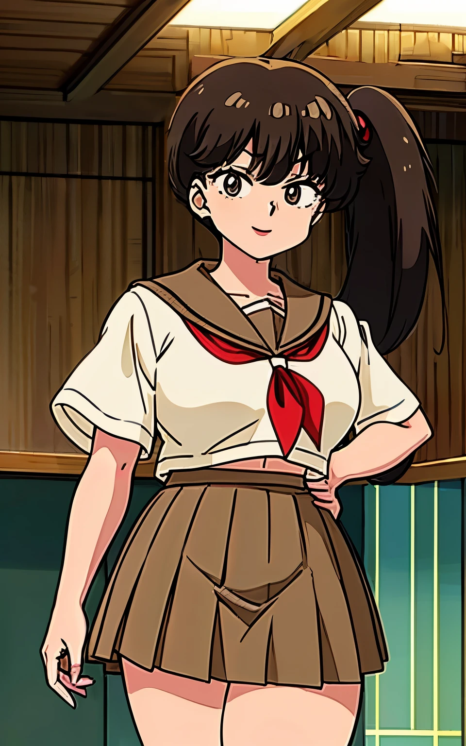 (((masterpiece, Highest quality, case)))), High resolution、1990s、1 girl,alone, kodachi kuno (************, Black hair side ponytail Japanese school attire(( cream colored sailor suit,Brown collar、Brown pleated skirt,Alloy white T-shaped, Socks skin color(light brown)))), Huge breasts, beautiful girl,Bright smile、White knee-high socks