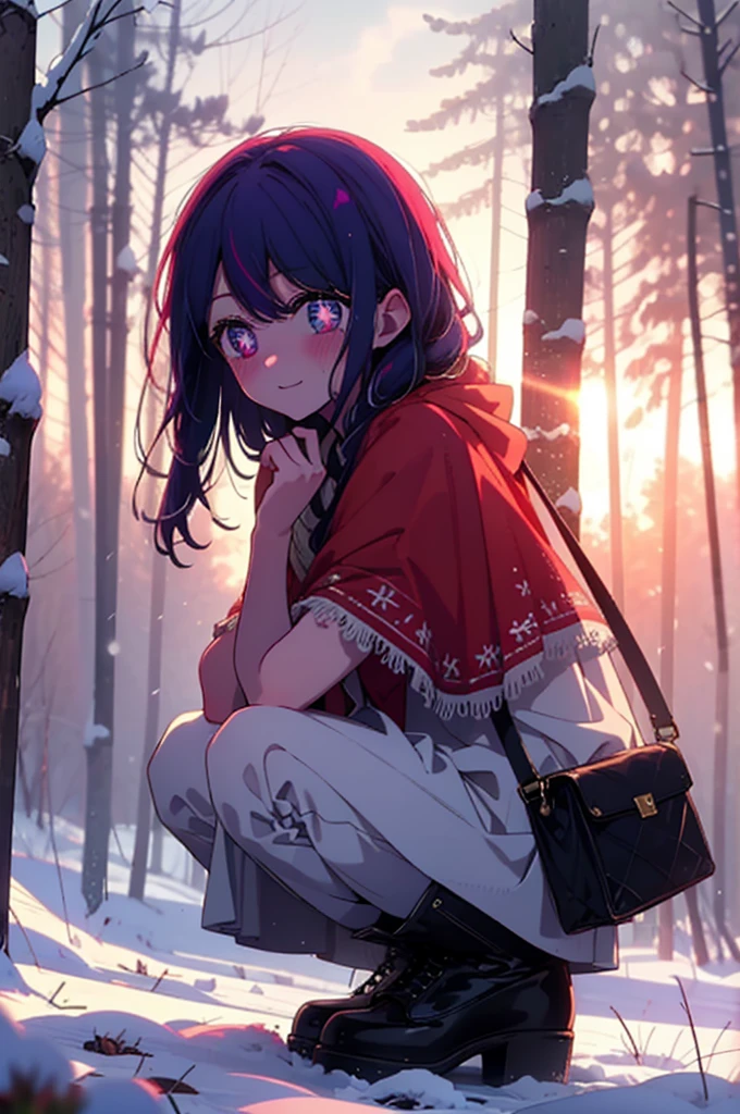 aihoshino, Ai Hoshino, Long Hair, bangs, (Purple eyes:1.1), Purple Hair, (Symbol-shaped pupil:1.5), smile,,smile,blush,white breath,
Open your mouth,snow,Ground bonfire, Outdoor, boots, snowing, From the side, wood, suitcase, Cape, Blurred, , forest, White handbag, nature, Squat, Mouth closed, Cape, winter, Written boundary depth, Black shoes, red Cape break looking at viewer, Upper Body, whole body, break Outdoor, forest, nature, break (masterpiece:1.2), Highest quality, High resolution, unity 8k wallpaper, (shape:0.8), (Beautiful and beautiful eyes:1.6), Highly detailed face, Perfect lighting, Highly detailed CG, (Perfect hands, Perfect Anatomy),