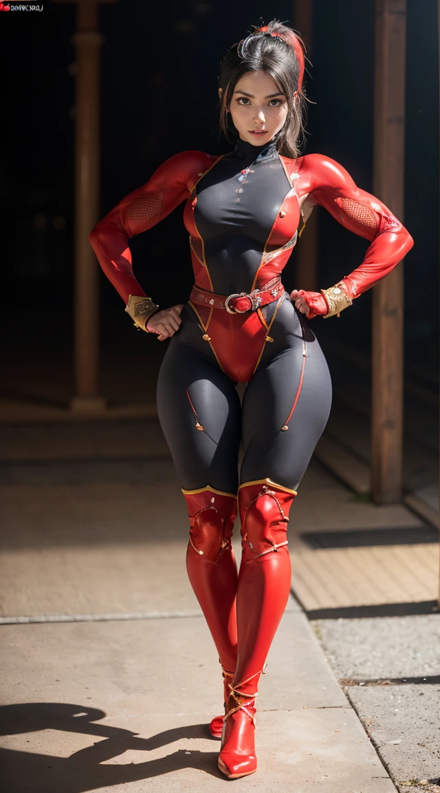 (Muscular:1.7), (thick thighs:1.7),
asian female, (taki from soulcalibur:1.3), (black hair), ponytail, angry,
(hard nipples), small breasts,
eyeshadow, red lips, (skintight red fullbody suit:1.7), (ninja:1.2), (belt), (gauntlets), (mesh),
(looking at viewer), three quarter view, zoomed in,
(japanese arena:1.2), dim lighting, detailed skin, detailed eyes