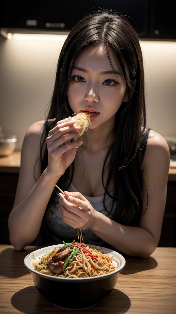 A detailed photorealistic image of a very greedy model devouring some yakisoba, noodle, dramatic lighting, hight contrast, To make one's mouth water, Culinary masterpiece, 8k, hyperrealisti, professional food photography, studio lighting