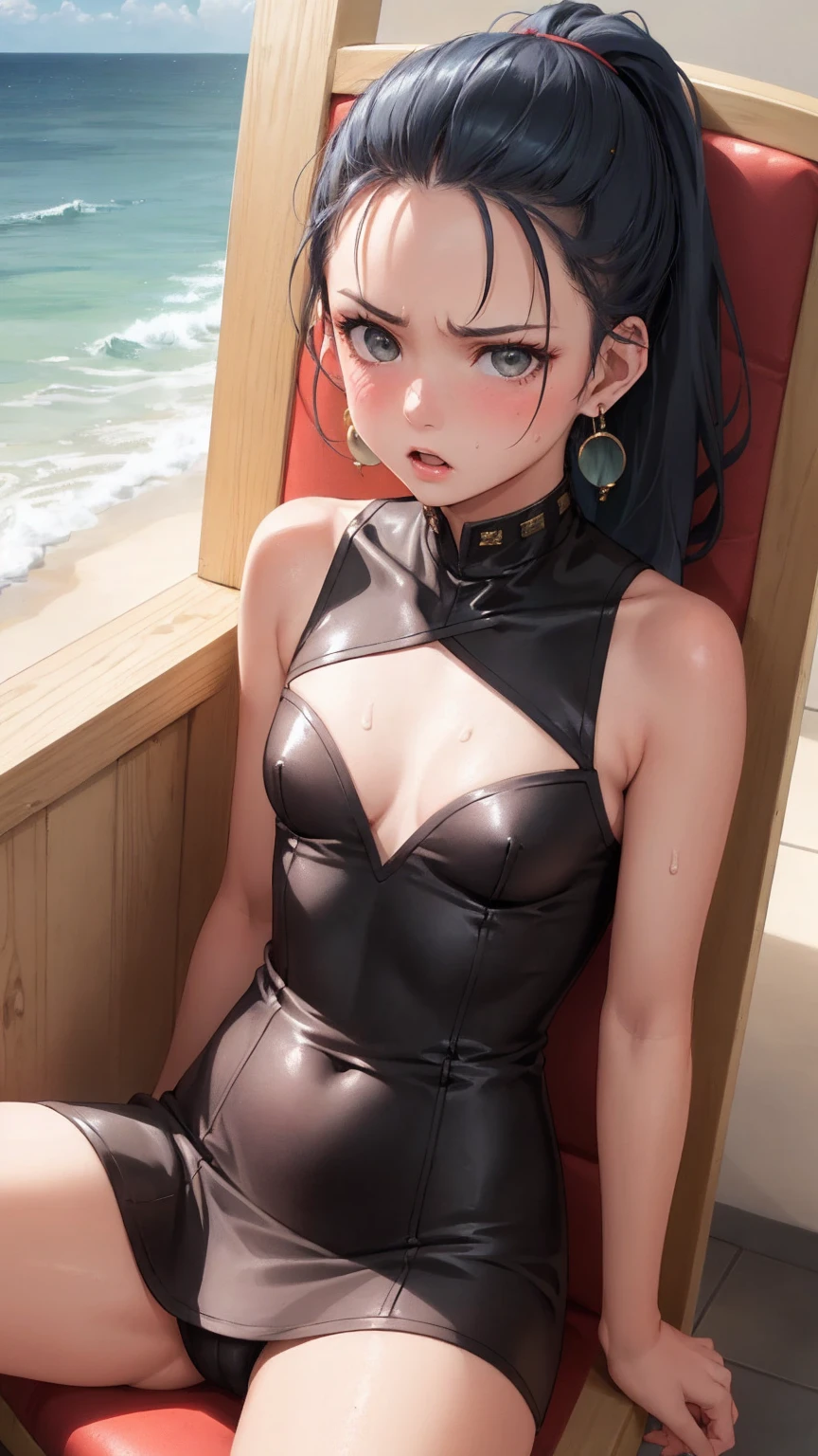 Masterpiece, Top quality, Earrings, silver dress, Black hair, Small breasts, Girl, Upper body, Hot, Sweating, Sitting, Ponytail, Looking at camera, Sea, Looking forward, Spread legs, Angry, chair sit, Showing crotch