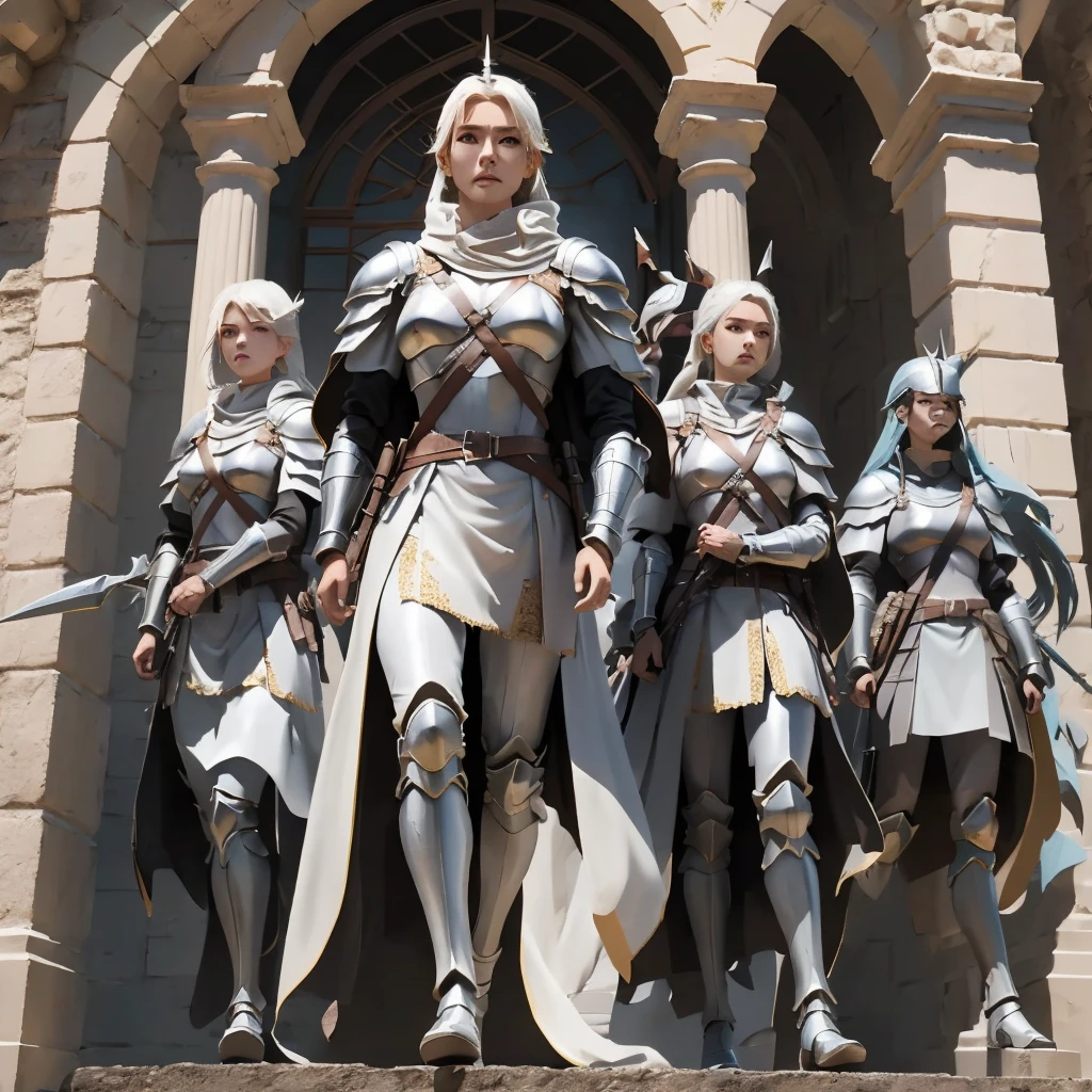 Highest quality　High resolution　Metal armor　Girls in golden armor　Royal Guard　Multiple women　Precise female face　Five women　5-people　5-peopleの女性