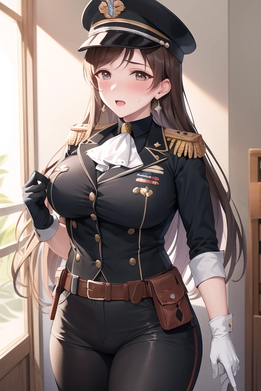 masterpiece, best quality, highres, aanitta, (long hair), (black peaked cap), earrings, big breasts, muscular body, military uniform, epaulettes, badges, (black shirt:1.2), (bulletproof vest), ascot, black sleeves, long sleeves, (black pants), utility belt, (belt pouches), cargo pants, (gloves), cowboy shot, standing, (aroused facial expression), blush, sweat, facing the viewer, looking at the viewer, indoors, against the wall
