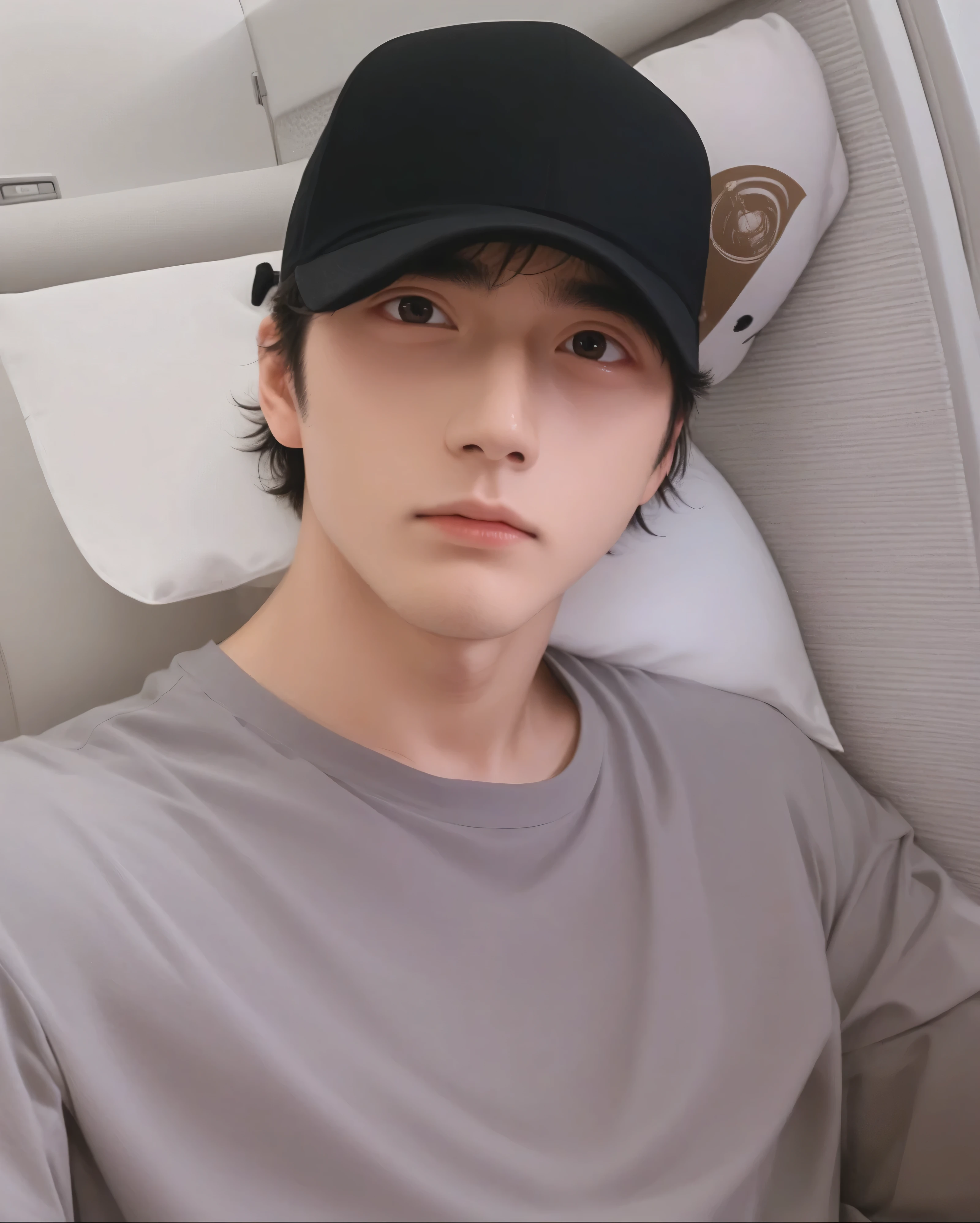 A close-up of a person wearing a hat and a shirt, Cai Xu Kun, Jinyoung Shin, TaeJune Kim, Jung Jaehyun, black haired yoongi, Hyung Tae, Kim Doyoung, hong june hyung, sakimichan, pale korean adorable face, jungkook, sometimes ulzzang, he is about 2 5 years old, Shin Jeongho