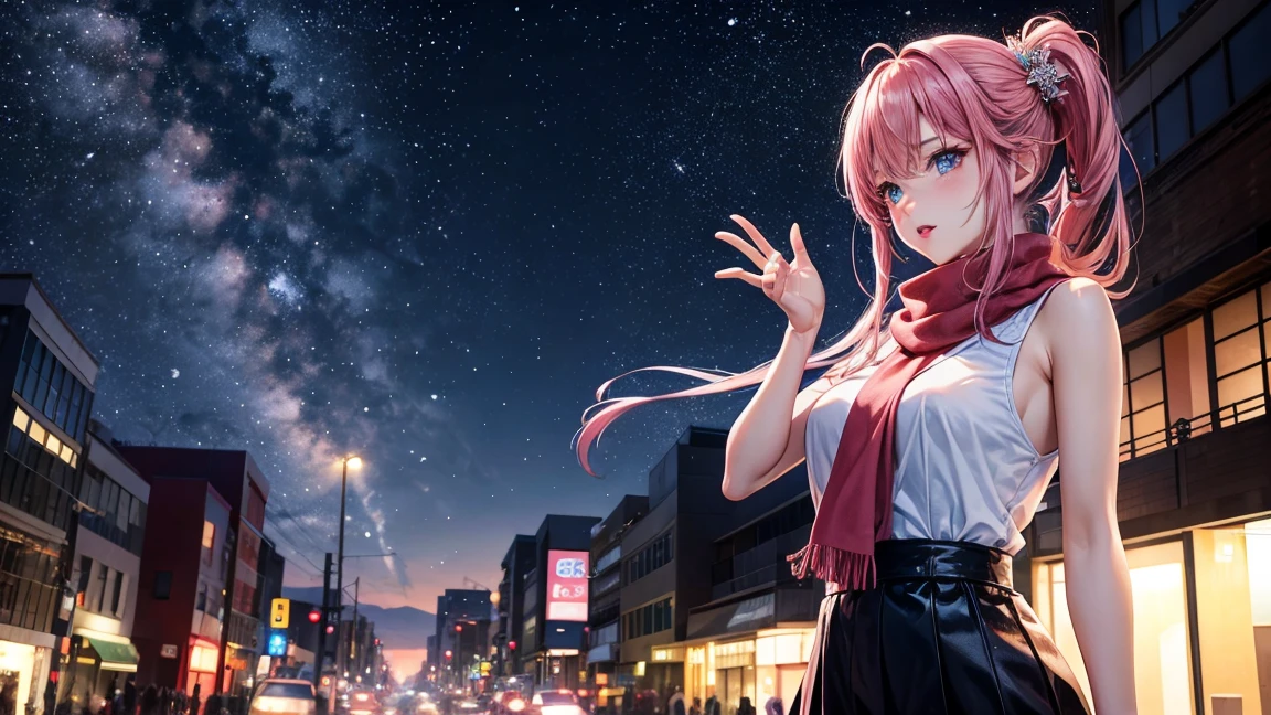 Anime girl aged 25+, cold weather, snowing, Japanese style, your beautiful face. Sparkling blue eyes Beautiful long dark pink hair Wearing sneakers and a large-breasted sleeveless shirt while standing in the middle of the city, a busy street, wearing a scarf, pretty fingers, pink lips, a sky full of stars at night.
High resolution 4k, sharp images, Full HD level, 8K, sharp details, beautiful images.