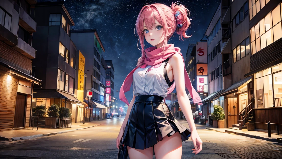 Anime girl aged 25+, cold weather, snowing, Japanese style, your beautiful face. Sparkling blue eyes Beautiful long dark pink hair Wearing sneakers and a large-breasted sleeveless shirt while standing in the middle of the city, a busy street, wearing a scarf, pretty fingers, pink lips, a sky full of stars at night.
High resolution 4k, sharp images, Full HD level, 8K, sharp details, beautiful images.