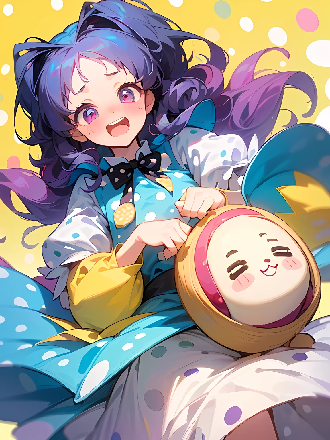 (Alice in Wonderland:1.3),(straight purple wavy hair),big forehead,(A vibrant and lively background:1.2),(Pop and cute black polka dot pattern:1.45)),((You are the main character!:1.2)),((Beautiful images:1.15)),((high quality:1.15)),((Perfect graphics:1.15)),(((girl、Lady))),Big smile,(blush、Embarrassed laugh:1.25),(white、pink、cream、black、yellow)