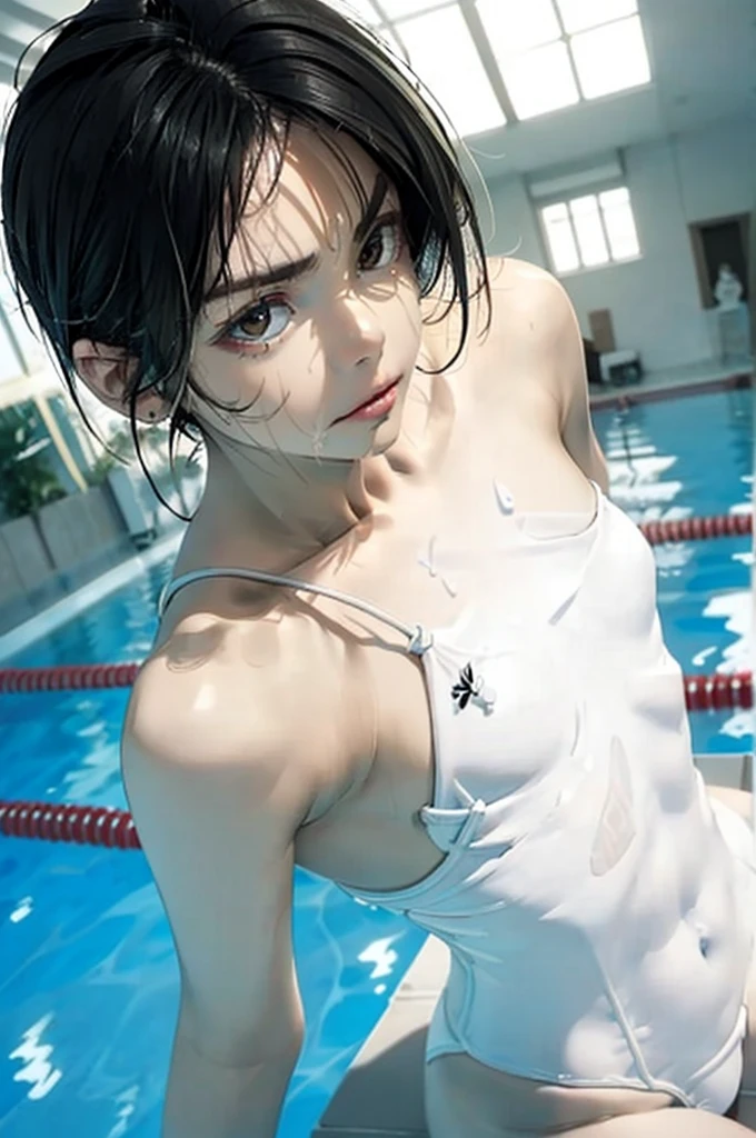((((Close-up angle looking up from below)))), solo,(((Small breasts: 1.6))), ((((Embarrassing,))))((((Wearing a white swimsuit、))))((((Various poses、))))A sexy masterpiece with wet hair, Highest quality, Realistic, Ultra-detailed, (Glowing Skin, sweating: 1.4), View your viewers,((((very short hair with black hair)))))thin, Dynamic light and shadow, High resolution, Sharp focus, Depth of written boundary, Embarrassing, Sharp pupils, Realistic生徒, (Thigh Thickness: 1.0), Indoor swimming pool