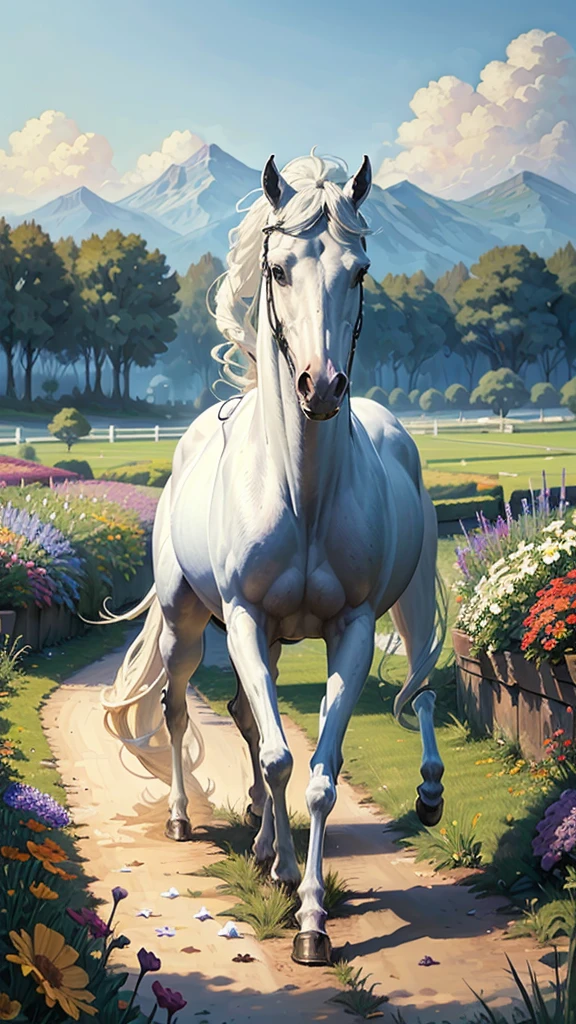 flower garden, sunny days, 1 white horse, walking, (((masterpiece))), (((best quality))), field,
