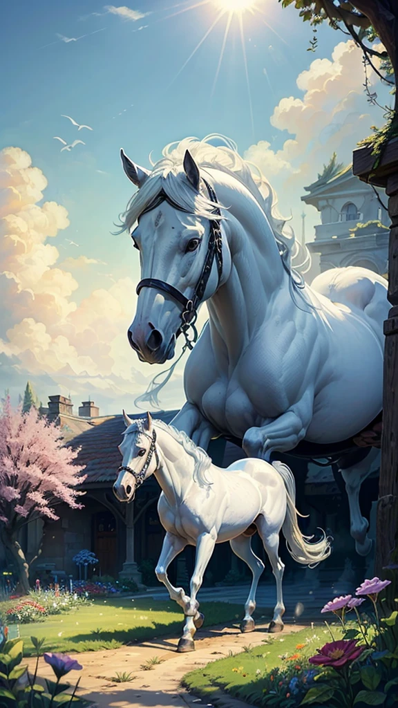 flower garden, sunny days, 1 white horse, walking, (((masterpiece))), (((best quality))), field,