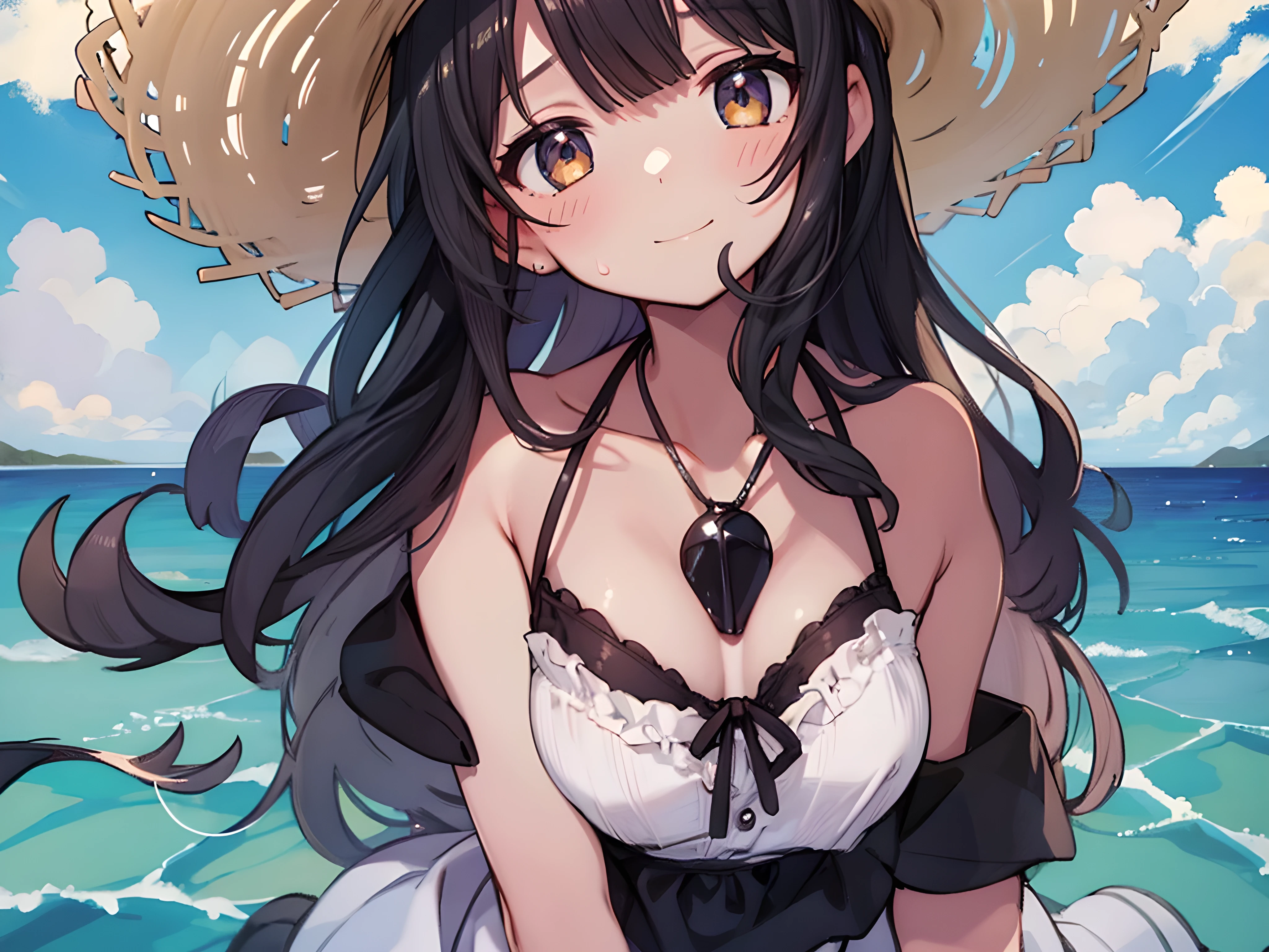 (score_9, score_8_up, score_7_up),an extremely delicate and beautiful,illustration,beautiful detailed depicting faces,detailed and beautiful eyes,upper body,1girl,20yo,long black hair,black eye,(long bangs,eyes visible through hair),large breasts,covered nipples BREAK
(summer_dress:1.4),bikini under clothes,straw_hat BREAK (tan skin:0.8),
(half-closed eyes:0.8),(full-face blush:0.7),small mouth,sweat,wide_shot,seaside,beach,rock,tetrapod,white head,waving,smirk,