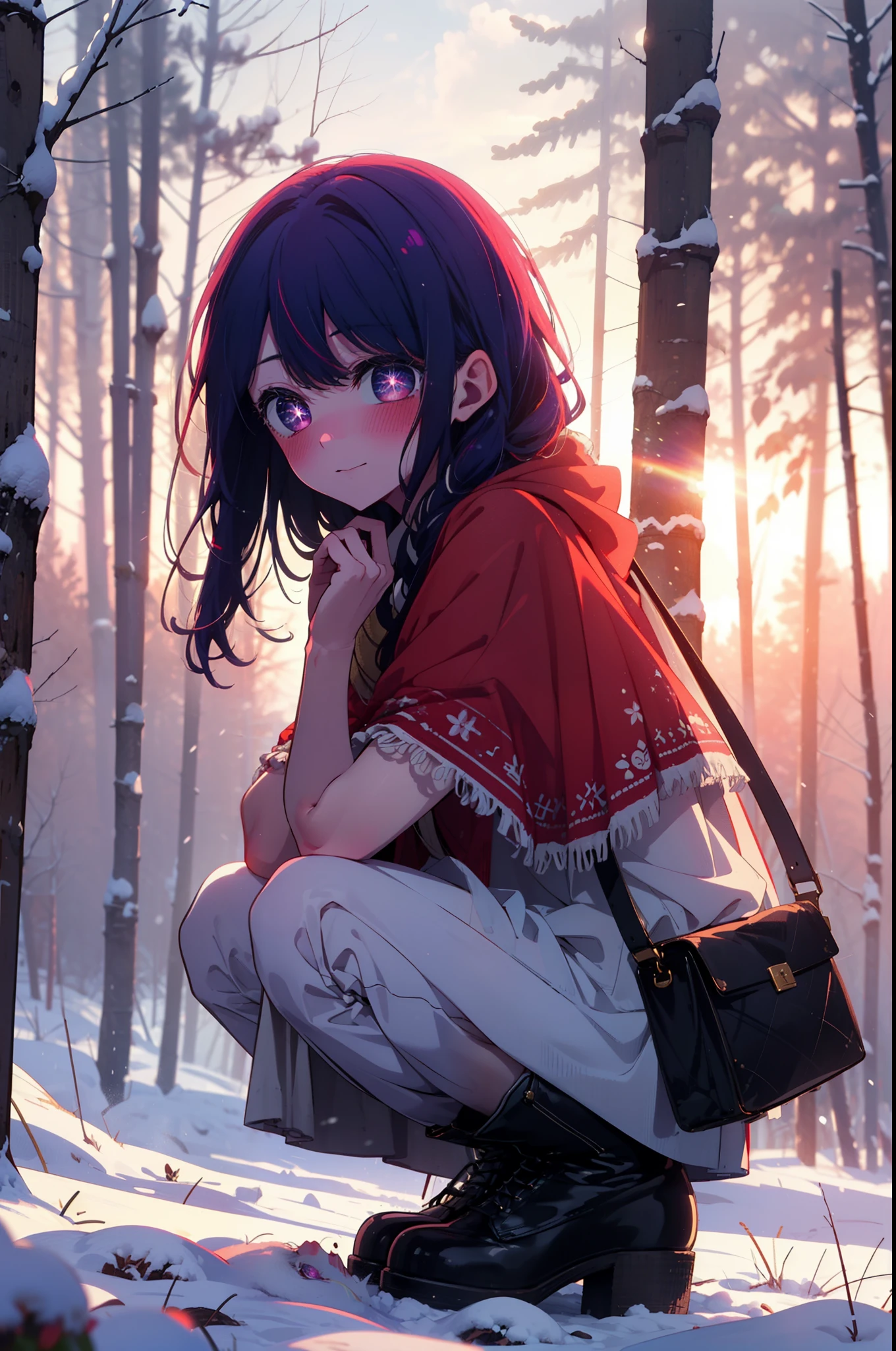aihoshino, Ai Hoshino, Long Hair, bangs, (Purple eyes:1.1), Purple Hair, (Symbol-shaped pupil:1.5), smile,,smile,blush,white breath,
Open your mouth,snow,Ground bonfire, Outdoor, boots, snowing, From the side, wood, suitcase, Cape, Blurred, , forest, White handbag, nature, Squat, Mouth closed, Cape, winter, Written boundary depth, Black shoes, red Cape break looking at viewer, Upper Body, whole body, break Outdoor, forest, nature, break (masterpiece:1.2), Highest quality, High resolution, unity 8k wallpaper, (shape:0.8), (Beautiful and beautiful eyes:1.6), Highly detailed face, Perfect lighting, Highly detailed CG, (Perfect hands, Perfect Anatomy),