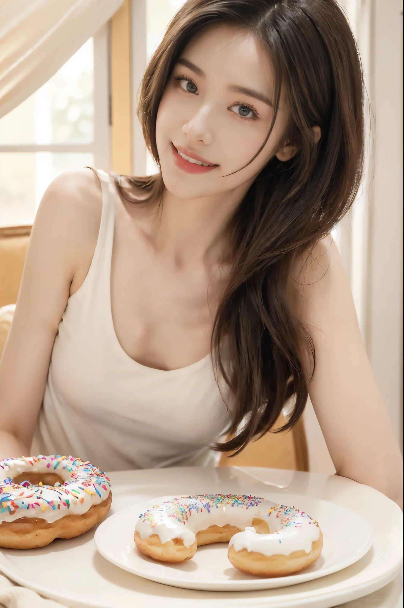(((best quality))),(((ultra detailed))),(((masterpiece))),illustration,(Dopamine tone:1.3),(close-up of face:1.3),((a beautiful girl,solo)),(shoulder-length straight bob hair:1.2),((slim,thin)),((small breasts,flat chest)),(white shirt:1.3),(a plate of delicious donuts:1.3),(smile:1.2),cozy room,warm lighting,varied color donuts,(from front:1.3)