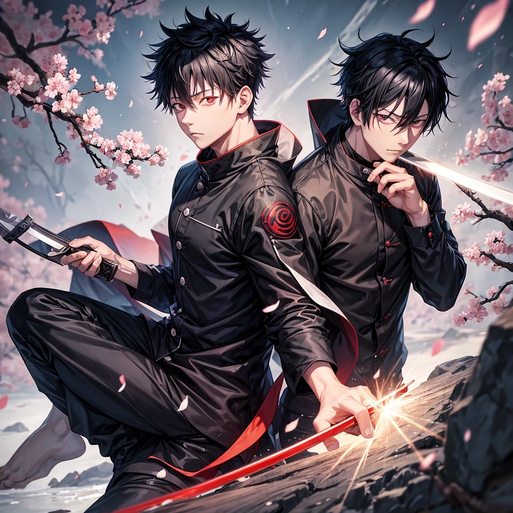 one photo of an anime character (jujutsu KAISEN) named "yuta okkotsu" with black hair, sharp eyes, a "jujutsu kaisen" shirt with buttons on the side, black Jujutsu kaisen trousers, as well as the effect of flying cherry blossom petals and raindrops fell wet, sitting on a handsome man while holding a white katana