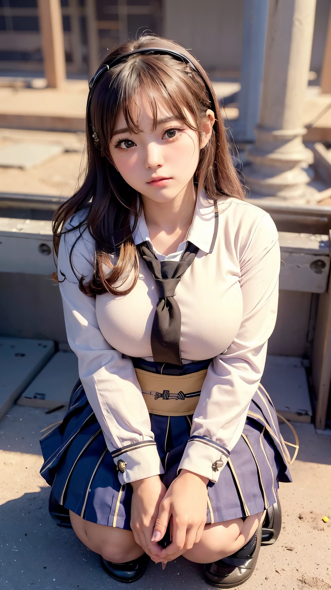 masterpiece, Bokeh, (Beautiful Face), (Detailed face), (Perfect hands:1.2),(Japanese Idols:1.6), (school uniform:1.3), (construction site:1.3), (Blushed:1.3), (Plump breasts:1.2), (squat:1.2), (From below:1.5), alone, Anatomically correct, 