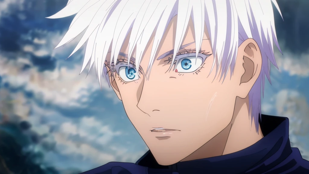 Gojou Satoru, 1 chico, male focus, Alone, Whole body, blue eyes, sale, by white, evening, one eye covered, Chapped lips, long neck,