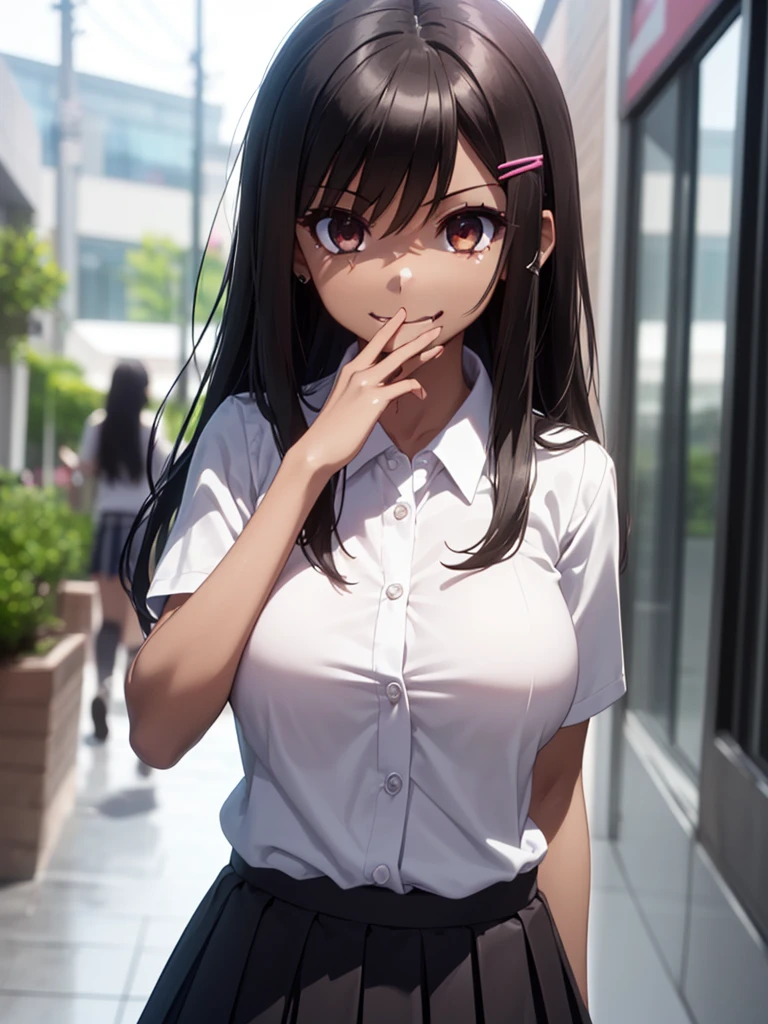 great quality ++ Extremely detailed high resolusionolution, (((very aesthetic))), expressive eyes, (((perfect face))), (((((face symmetrical))))), ((((perfect face)))), (((((good anatomy))))), (((perfect hands))), (((8k)))), UHD, HD wallpaper, (((high detailed calidra, (((((1girl)))))), only, ((((Masterpiece)))), ((((Best quality))))), ((((high resolution)))), Highly detailed, (illustration), beautiful detailed eyes, (((combatant))), (((1girl)))), (((illyasviel von einzbern))), (((brown eyes))), (((black hair))), (((long hair))), (((dark skin))), (((dark-skinned female))), (((tan))), (((tanlines))), (((hairclip))), (((white shirt))), (((collared shirt))), (((pleated skirt))), ((((fang)))), (((asymmetrical body))), (((asymmetrical hair))), (((asymmetrical clothes))), (((adult body))), (((milfication))), (((mature female))), (((((big breasts))))), ((((Blurred smile)))), ((((hand in mouth)))),