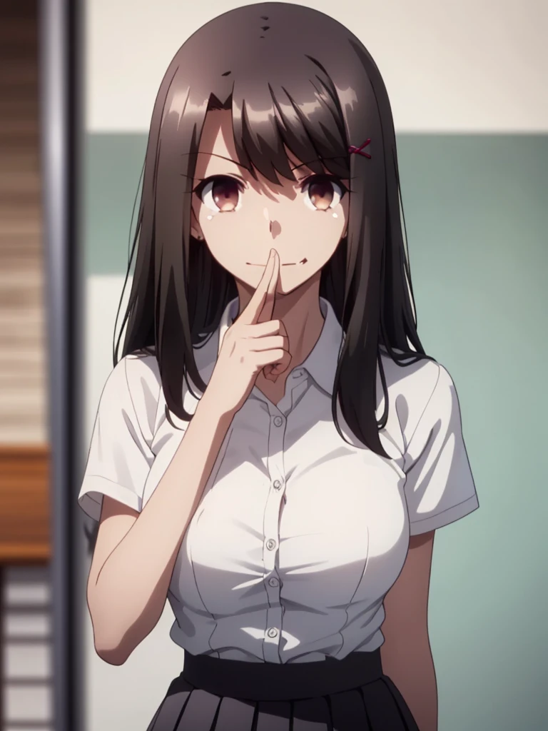 great quality ++ Extremely detailed high resolusionolution, (((very aesthetic))), expressive eyes, (((perfect face))), (((((face symmetrical))))), ((((perfect face)))), (((((good anatomy))))), (((perfect hands))), (((8k)))), UHD, HD wallpaper, (((high detailed calidra, (((((1girl)))))), only, ((((Masterpiece)))), ((((Best quality))))), ((((high resolution)))), Highly detailed, (illustration), beautiful detailed eyes, (((combatant))), (((1girl)))), (((illyasviel von einzbern))), (((brown eyes))), (((black hair))), (((long hair))), (((dark skin))), (((dark-skinned female))), (((tan))), (((tanlines))), (((hairclip))), (((white shirt))), (((collared shirt))), (((pleated skirt))), ((((fang)))), (((asymmetrical body))), (((asymmetrical hair))), (((asymmetrical clothes))), (((adult body))), (((milfication))), (((mature female))), (((((big breasts))))), ((((Blurred smile)))), ((((hand in mouth)))),