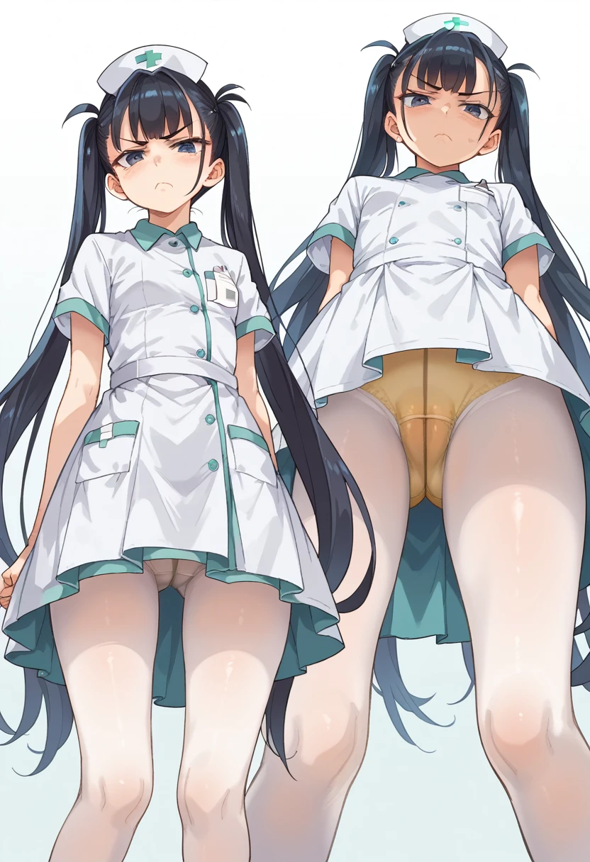 hospital,scowling face,cowboy shot,thin legs,standing,young woman,toll,skinny girl,front shot,small breast,long twin tails,black hair,yellow_colored_panty,panty under pantyhose,white colored nurse uniform,long skirt,white colored low high-heel,burst out skirt,up skirt,panty shot,from below,multiple views,close-up panty,ground level shot,mtu,mtu virus,mtu shot,dirty pussy