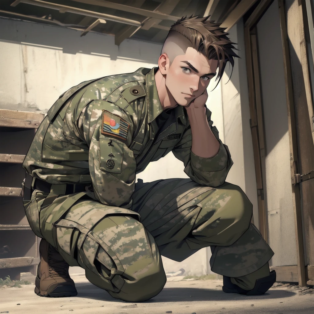 Best quality, masterpiece, ultra high res,detailed background,8k,depth of field,1boy, military, mature male,strong,  camouflage pants, multicam, full body, faded cut,looking at viewer, brown hair, undercut, basement, front view,arms behind back, kneel down,