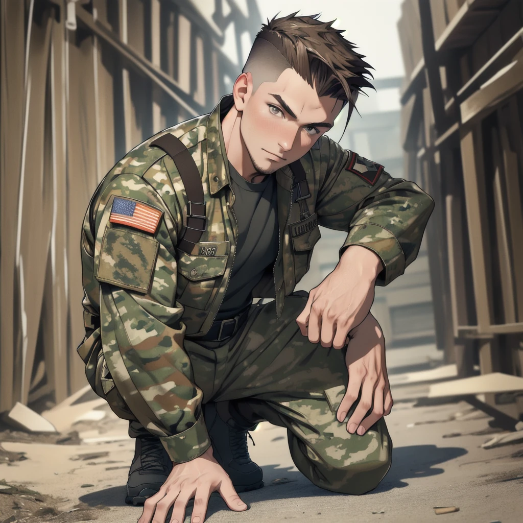 Best quality, masterpiece, ultra high res,detailed background,8k,depth of field,1boy, military, mature male,strong, camouflage pants, multicam, full body, faded cut,looking at viewer, brown hair, undercut, basement, front view,arms behind back, kneel down,
