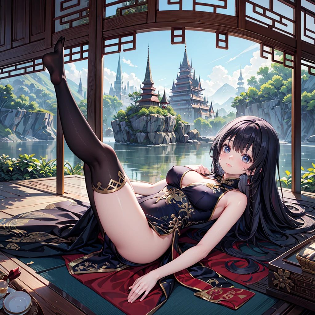 solo, 1 beautiful girl wearing chinese fantasy clothes, lying on back pose, stunning beautyful nature fantasy world background, panorama view