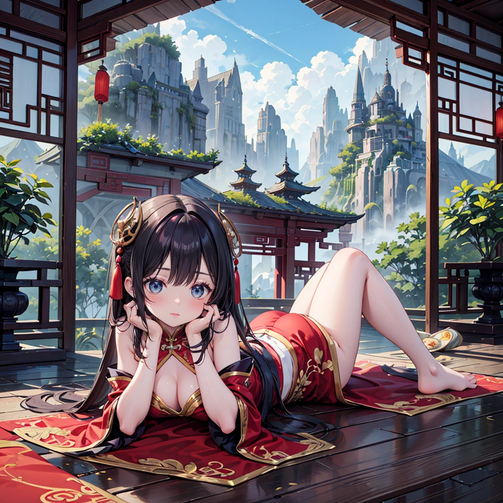 solo, 1 beautiful girl wearing chinese fantasy clothes, lying on back pose, stunning beautyful nature fantasy world background, panorama view
