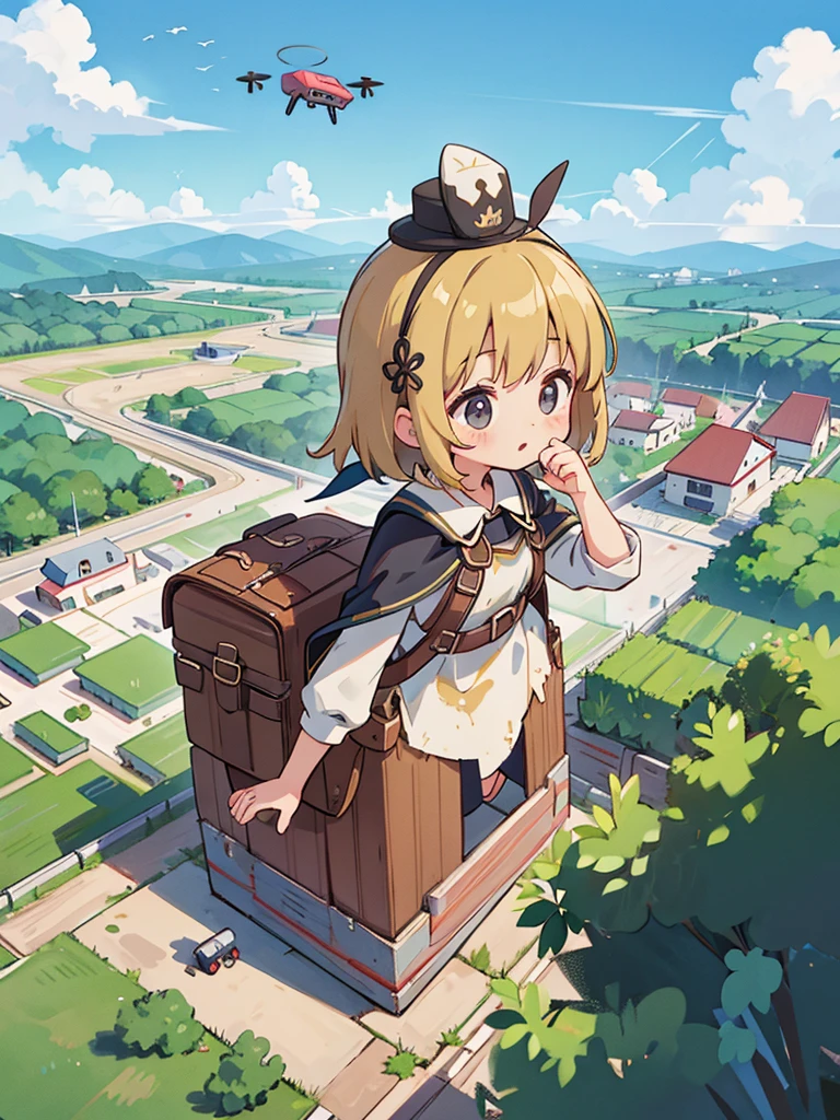 Traveling Girl、Cape、young girl, hat, Ruck sack,Many supply factories and depots、Peaceful summer scene、Traces of an ancient civilisation、People who live there々Appearance、
supply、Runaway drone、Collapsed rubble、A lot of people々、Anime image quality,