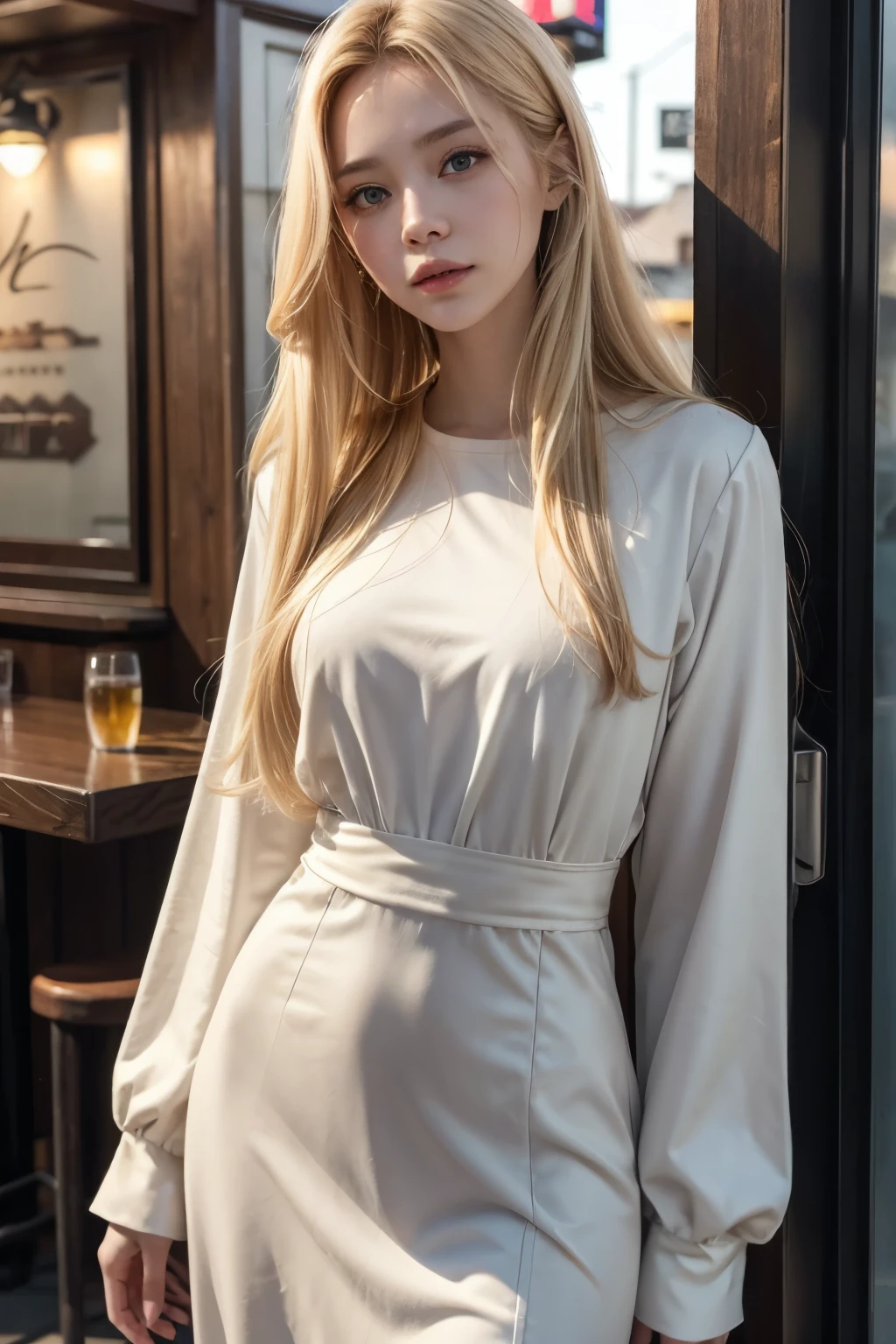 a woman blonde long hair short dress long sleeves, face detailed high definition footage standing from coast to door of a bar looking at the sky